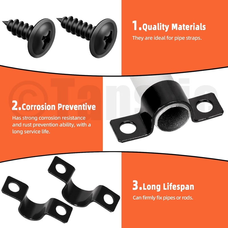 Tanstic 25Pcs Black Two Hole Pipe Strap, 5/16” Two Hole Strap U Bracket Rigid Pipe Strap Pipe Strap Clamp with Phillips Modified Truss Head Wood Screws for Fixing Pipe, Conduit, U Bracket - Image 3